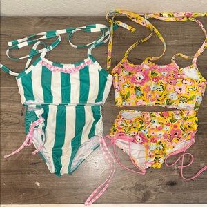 SweetHoney Green & White Stripe Two-Piece Swimsuit Set & Yellow Floral Two-Piece